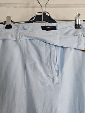 Ann Taylor Light Blue Linen-Blend Belted Wide Leg Pants